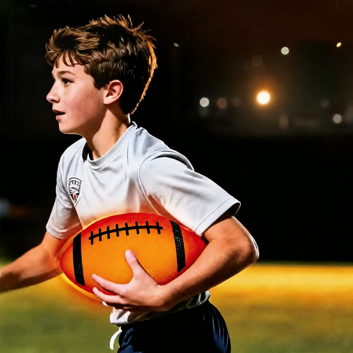 Kid holding the FootGlow LED light up football at night