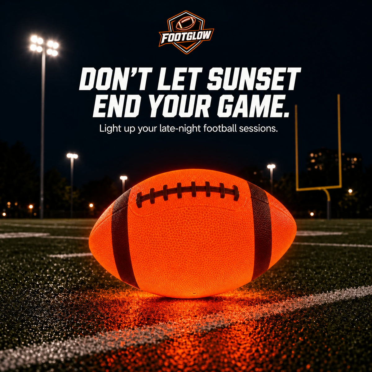 FootGlow glowing football on the field at night